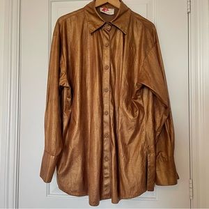 Vintage Pierre Poisson luxury bronze copper shiny button down shirt, size 1XL